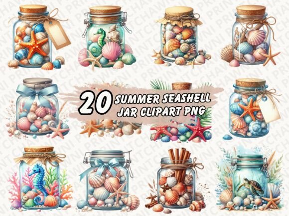 Download Summer Seashell Jar Clipart PNG Bundle - Seashell Collection