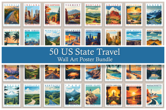 Download 50 US State Travel Wall Art Poster Set - Travel Collection