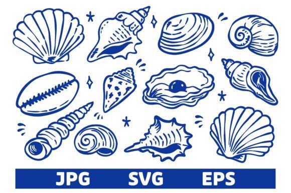 Download Hand Drawn Blue Seashell Doodle Set - Seashell Collection