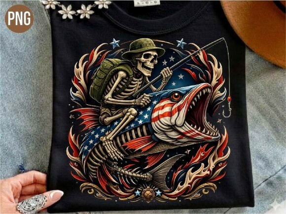 Download Patriotic Skeleton Fishing USA PNG Shirt - Fishing Collection